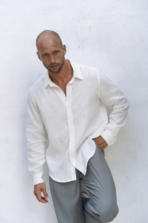 Bice Ekru Keten Oversize Erkek Gömlek