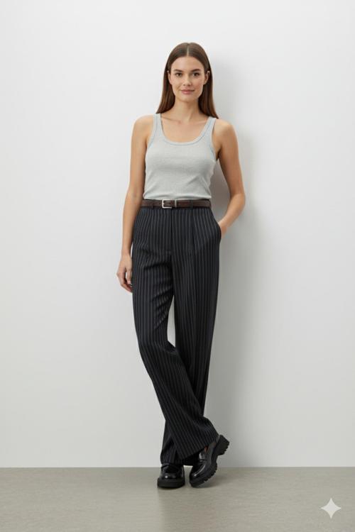 Kadın Çizgili Paça Kemerli Palazzo Pantolon