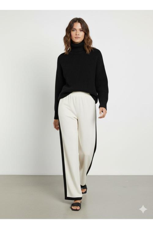 Kadın Beli Lastikli Geniş Paça Relaxed Ekru Triko Altı