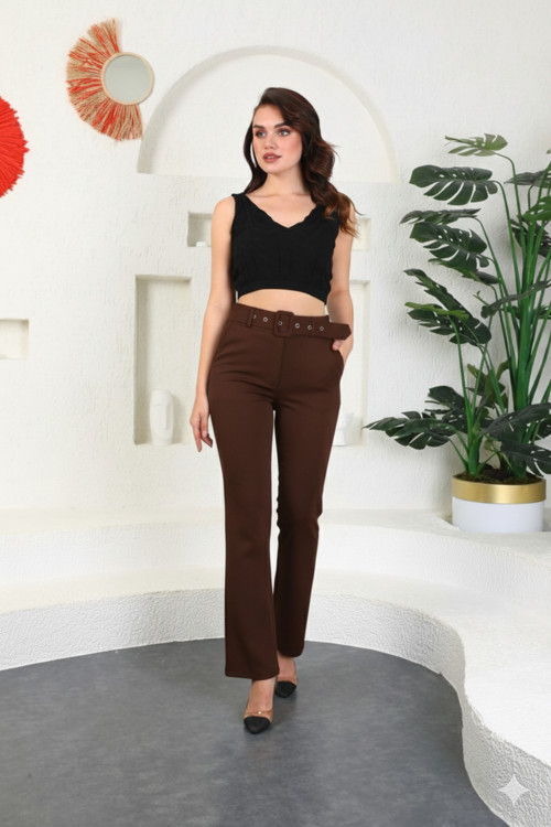 Kadın Kahverengi Yüksek Bel Kemerli Ispanyol Paça Palazzo Pantolon