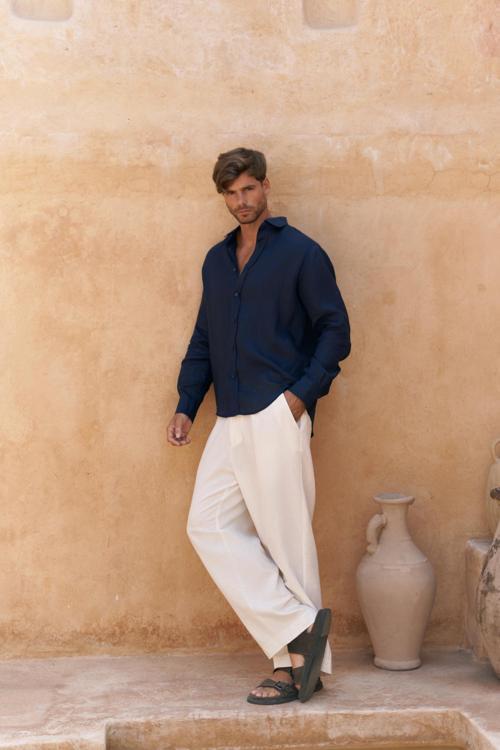 Agnola Oversize Erkek Lacivert Keten Gömlek