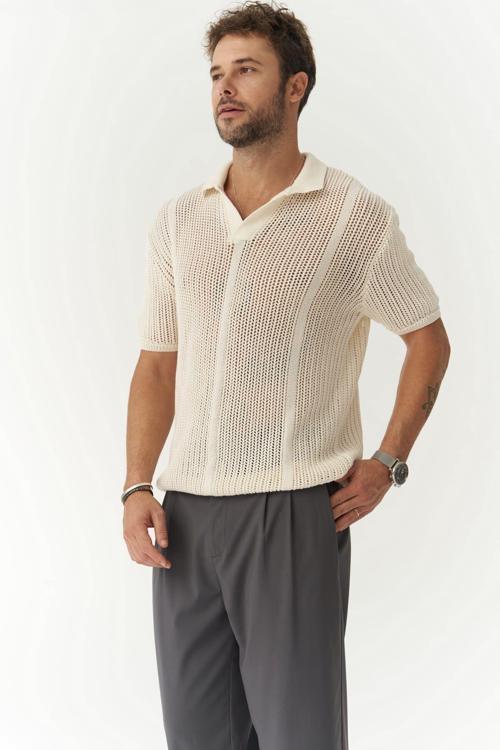 Looke Erkek Çizgi Detay Ekru Triko T-shirt