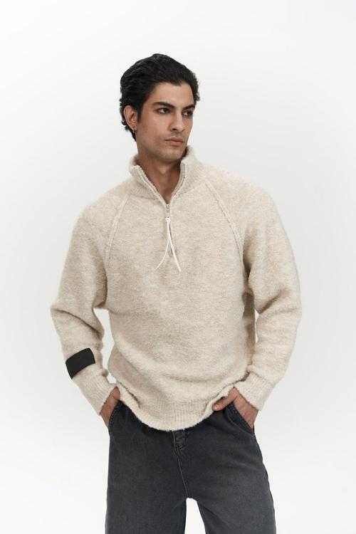 Zane Fermuar Detay Bej Erkek Triko Kazak