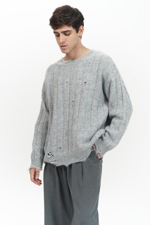 Vincent Yırtık Detay Gri Erkek Triko Kazak