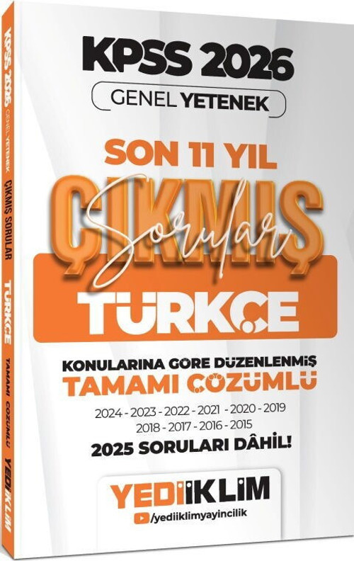 2026 KPSS Genel Yetenek Türkçe Konularına Göre Tamamı Çözümlü Son 11 Yıl Çıkmış Sorular Yediiklim