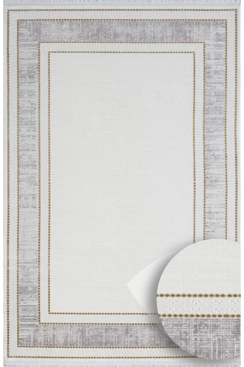 Eliza Krem Halı Gold Detaylı Halı Gri Detaylı Halı Modern Viskon Doğal İplik Bambu Halı Salon Halısı