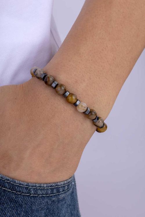 Akik Taşlı Hematit Parçalı Doğal Taş Erkek Bileklik