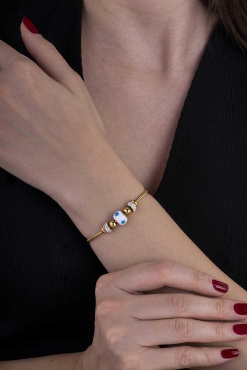 Firuze Taşlı Çift Zincir Altın Kaplama Çelik Kadın Bileklik