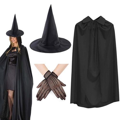 120 cm Siyah Yakalı Cadı Pelerini Cadı Şapkası ve 1 Çift Siyah Kısa File Tüm Eldiven Seti 3 Parça