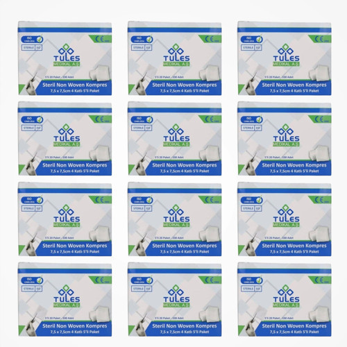Steril Non Woven Kompres 7,5 cm x 7,5 cm 4 Katlı (5’li Zarf) 100’lü Kutu - 12 Kutu