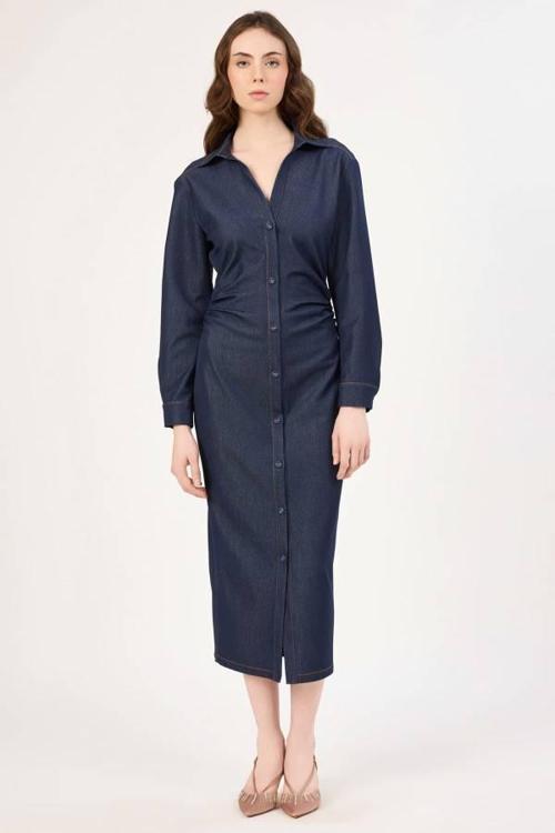 Yanlar Büzgülü Kadın Denim Elbise 352116033