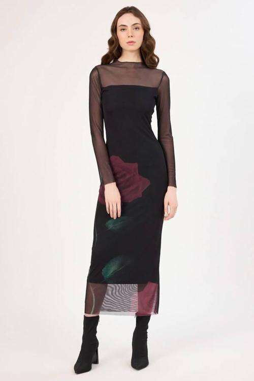 Tül Geçişli Çiçek Desenli Kadın Midi Elbise 352116071