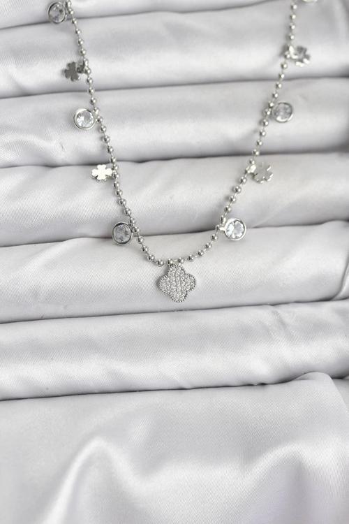 Pirinç Gümüş Renk Yonca Model Kadın Kolye