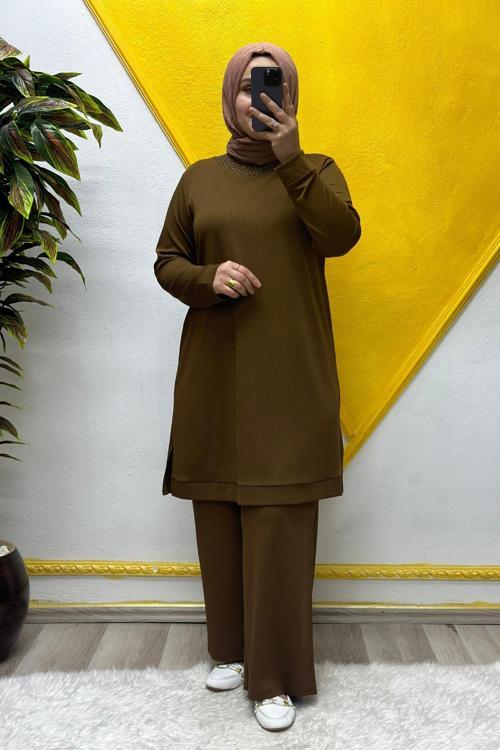 Kadın Tesettür Giyim Büyük Beden Pantolonlu Ecrin İkili Takım 