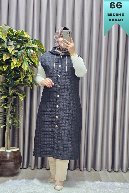 Kadın Giyim Büyük Beden Kapşonlu Astarlı Kare Desen Yelek
