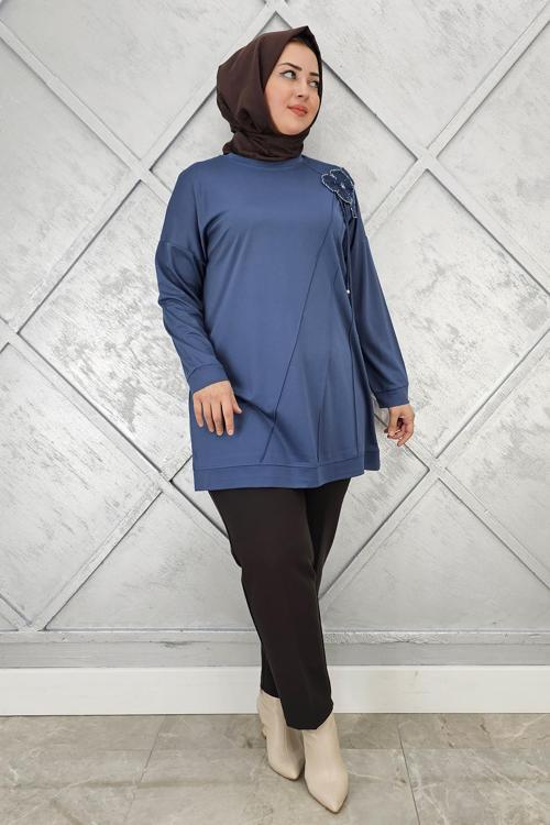 KADIN ÇİÇEKLİ NERVÜR DİKİM DETAYLI TESETTÜR TUNİK