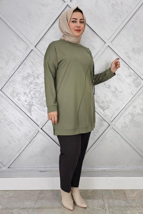 KADIN ÇİÇEKLİ NERVÜR DİKİM DETAYLI TESETTÜR TUNİK