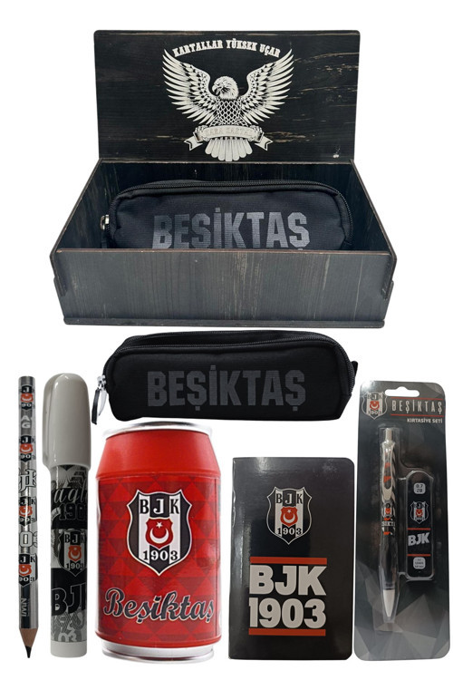 Lisanslı Kırmızı Kutu Kalemtraş Ahşap Kutulu 6Lı Kırtasiye Seti