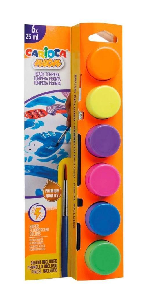 Tempera Yıkanabilir Poster Boya 25 ml. x 6 Fosforlu Renk Fırçalı Set