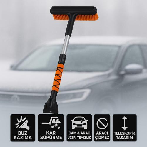 Teleskopik Kar Süpürgesi ve Buz Kazıyıcı | Yüzey Çizmez Fırça | Araç Camı & Kaput Temizleme Aparatı