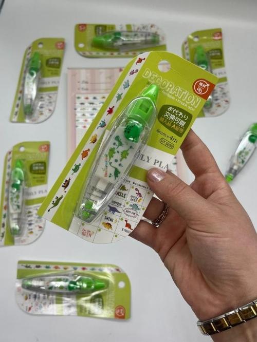 Yeşil Dinozor Desenli Süsleme Bandı/Tipeks/Tipex/Şerit Daksil/Düzeltme Bandı/Şerit Düzeltici