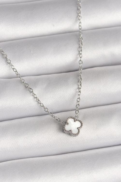 BFS 316L Çelik Gümüş Renk Beyaz Yonca Model Kadın Kolye