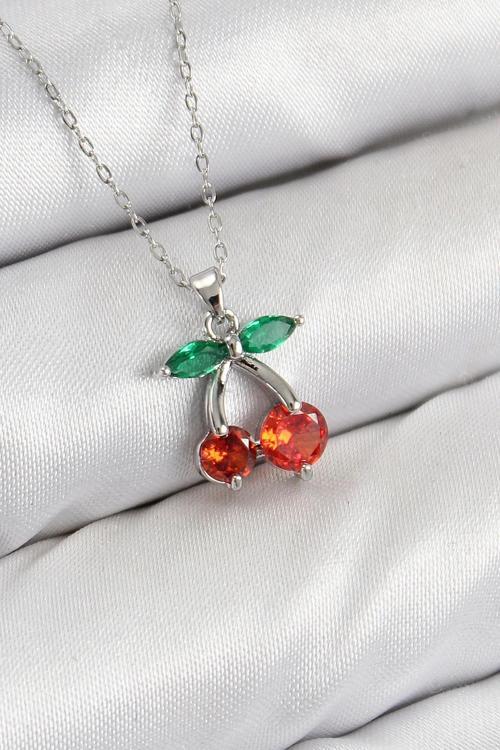 BFS Pirinç Zirkon Taşlı Kiraz Model Gümüş Renk Kadın Kolye