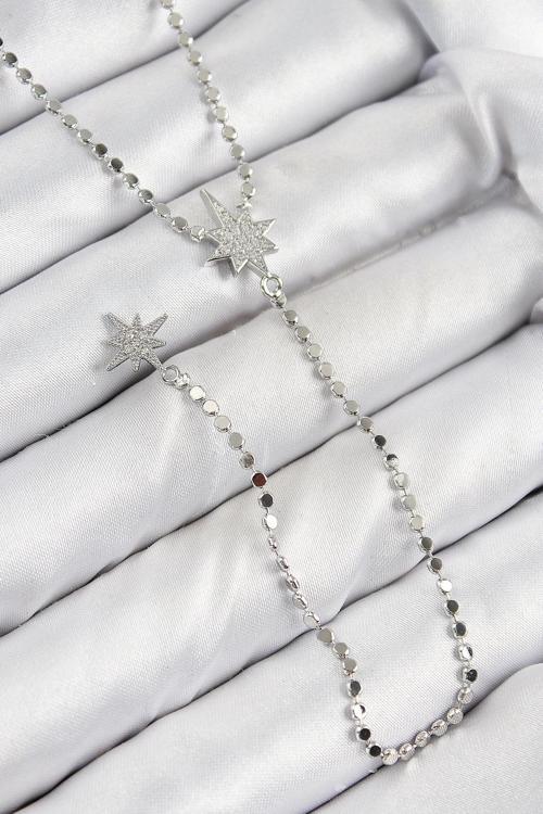 BFS Pirinç Zirkon Taşlı Ezme Zincirli Kutup Yıldızı Model Gümüş Renk Y Kolye