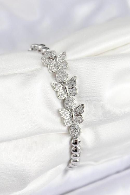 BFS Pirinç Zirkon Taşlı Kelebek Model Gümüş Renk Kadın Bileklik