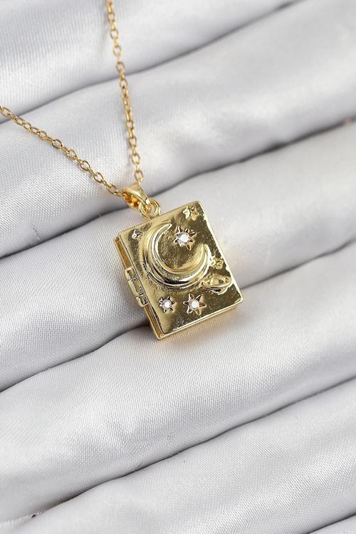 BFS 316L Çelik Zirkon Taşlı Açılabilr Kapaklı Kitap Model Gold Renk Kadın Kolye