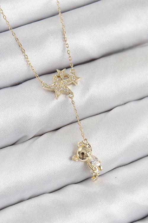 BFS Pirinç Zirkon Taşlı Sallantılı Ayıcıklı Yıldız Model Gold Renk Kadın Kolye