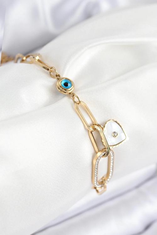 BFS 316L Çelik Nazar Boncuğu Ve Zirkon Taşlı Kalp Model Gold Renk Kadın Bileklik