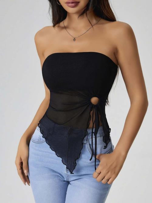 Kadın Siyah Crop Önden Halka Büzgü Detaylı 5094