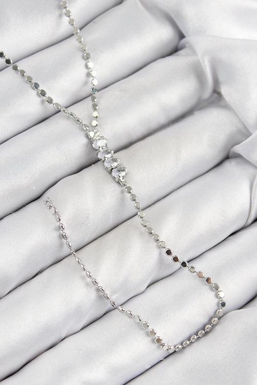 BFS Pirinç Zirkon Taşlı Ezme Zincirli Model Gümüş Renk Y Kolye