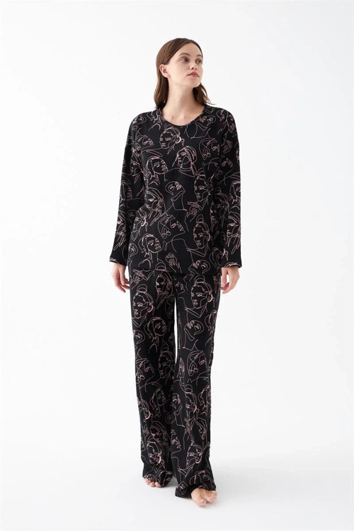 Kadın Oversize Siyah Line Art Desenli Pamuklu Kalın Pijama Takımı
