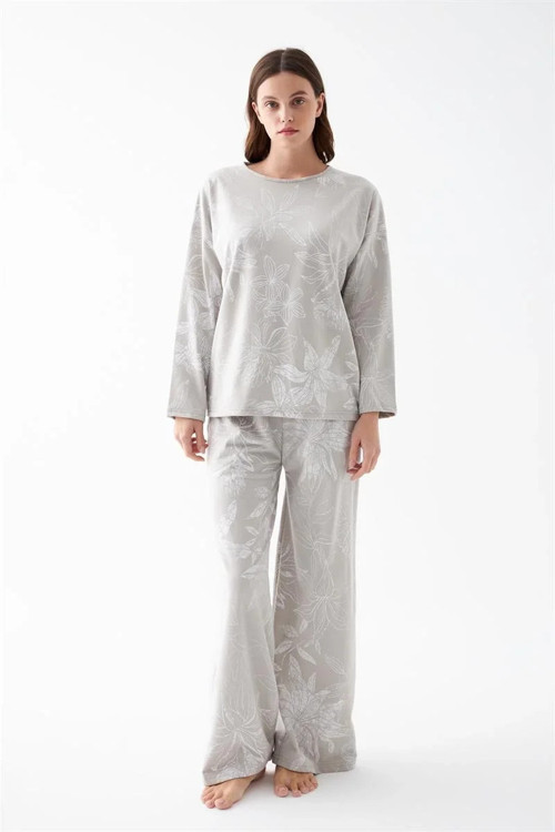 Kadın Oversize Gri Çiçek Desenli Pamuklu Kalın Pijama Takımı