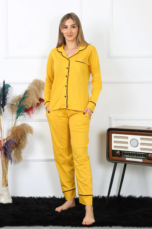 Kadın Pamuk Penye Önden Düğmeli Uzun Kol Sarı Pijama Takım