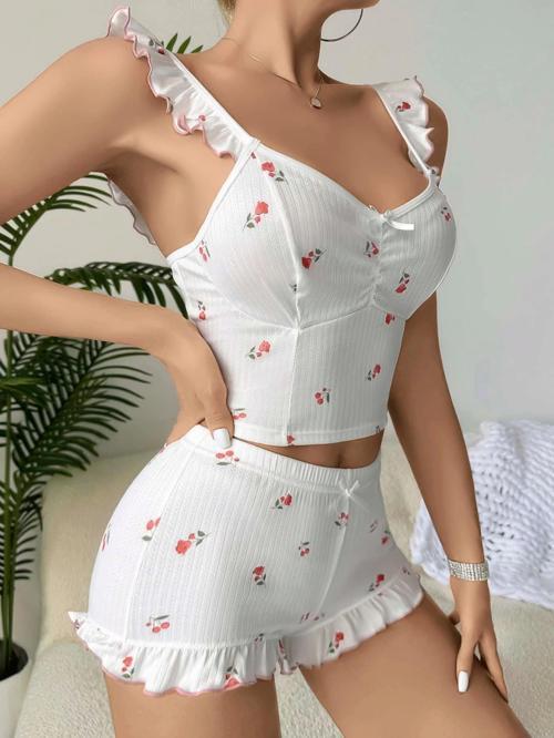 Kadın Gül ve Kiraz Desenli Şortlu Gecelik Takım 5112