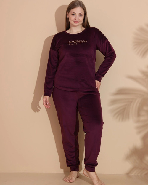25393 Uzun Kol Battal Kadife Pijama Takımı