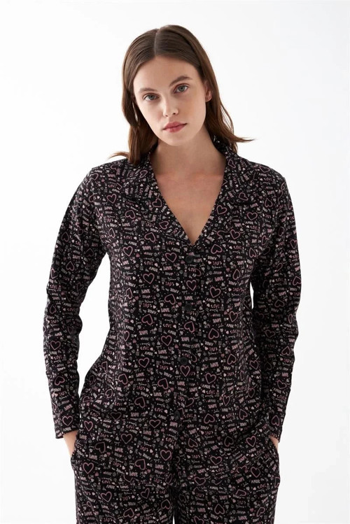 Kadın Siyah Düğmeli Kalp Desenli Pamuklu Pijama Takımı