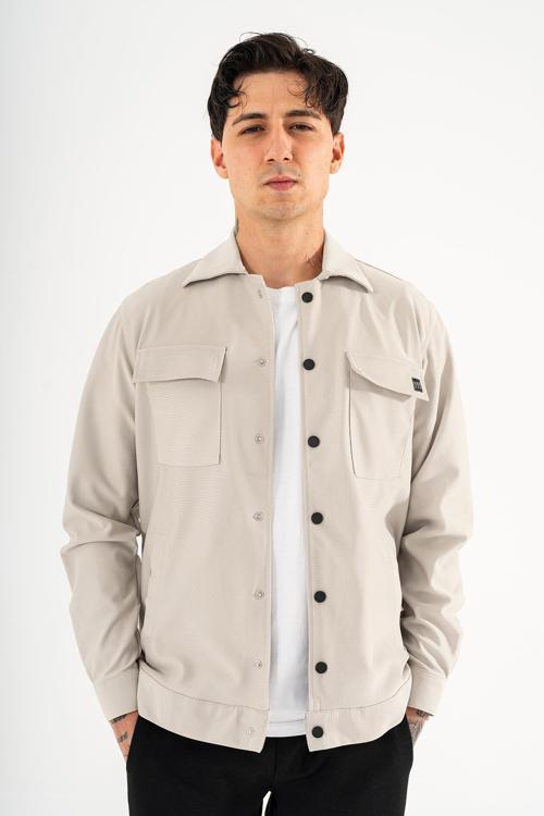 Erkek Gömlek Ceket Taş Rengi Regular Fit Çıtçıtlı 4 Cepli