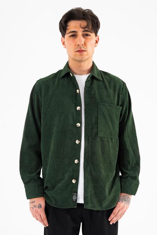 Erkek Fitilli Kadife Gömlek Haki Rahat Kesim Tek cepli