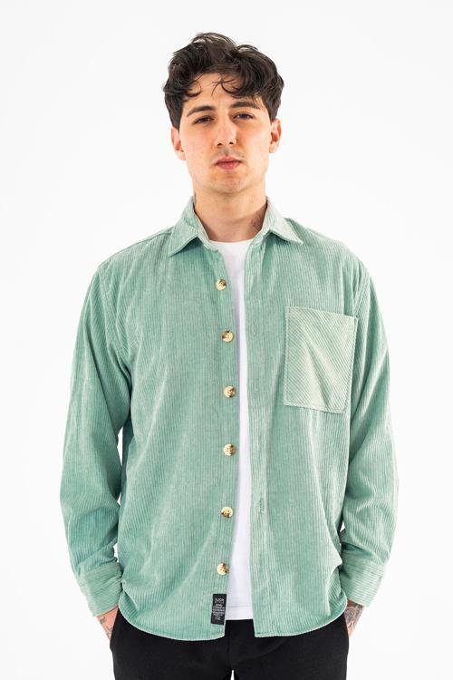 Erkek Fitilli Kadife Gömlek Su Yeşili Rahat Kesim Tek cepli