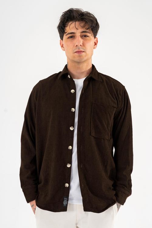 Erkek Fitilli Kadife Gömlek Kahverengi Rahat Kesim Tek cepli