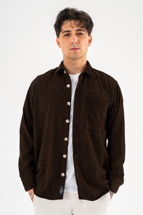 Erkek Fitilli Kadife Gömlek Kahverengi Rahat Kesim Tek cepli