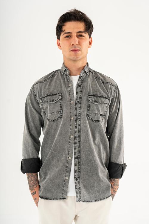 Erkek Kot Gömlek Slim Fit Dar Kesim Füme Çift Cepli Çıtçıtlı Yıkamalı