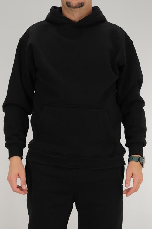 Erkek Oversize Kapüşonlu Sweatshirt Kanguru Cep Siyah 3 İplik Şardonlu