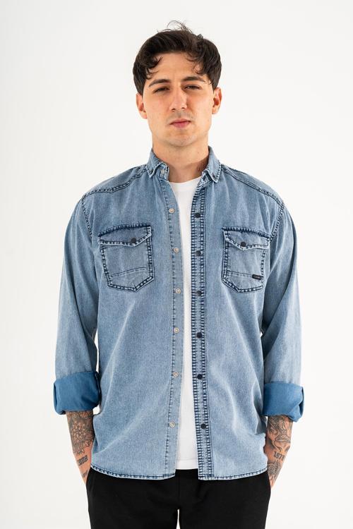 Erkek Kot Gömlek Slim Fit Dar Kesim Lacivert Çift Cepli Çıtçıtlı Yıkamalı