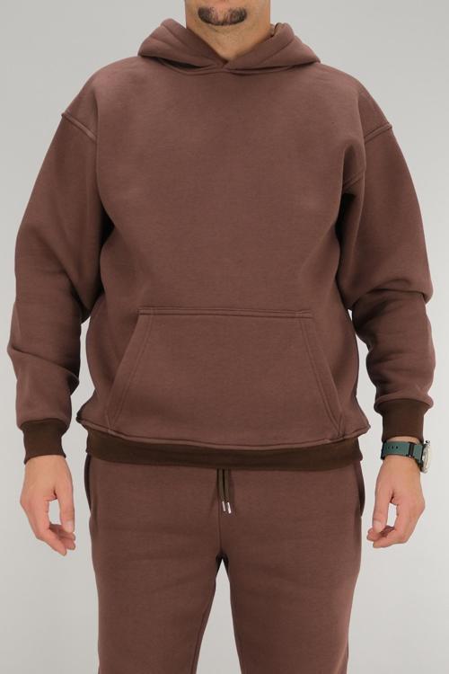 Erkek Oversize Kapüşonlu Sweatshirt Kanguru Cep Kahverengi 3 İplik Şardonlu