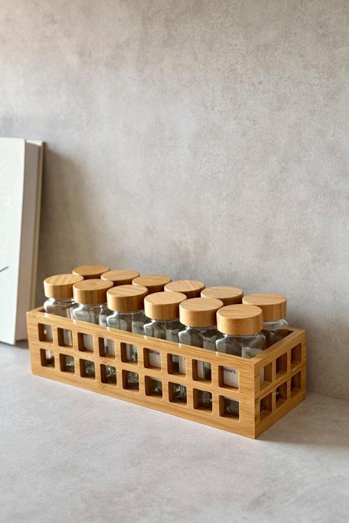 Bambu Standlı Ve  12'Li Bambu Kapaklı Kare Baharatlık Seti